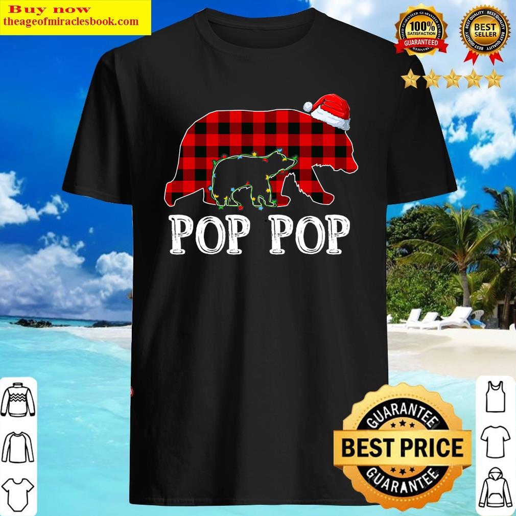 Red Plaid Pop Pop Bear & Kid Christmas Light Santa Hat Shirt