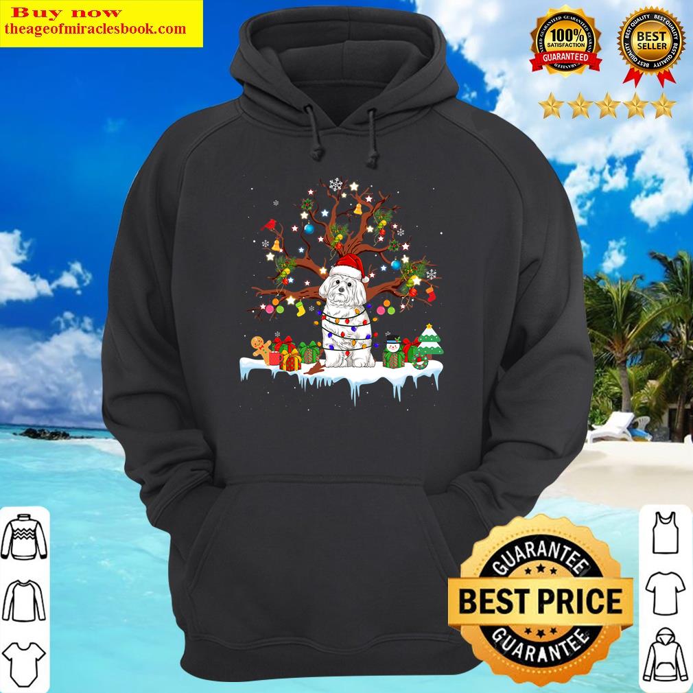 santa maltese dog wearing christmas hat tree lights hoodie