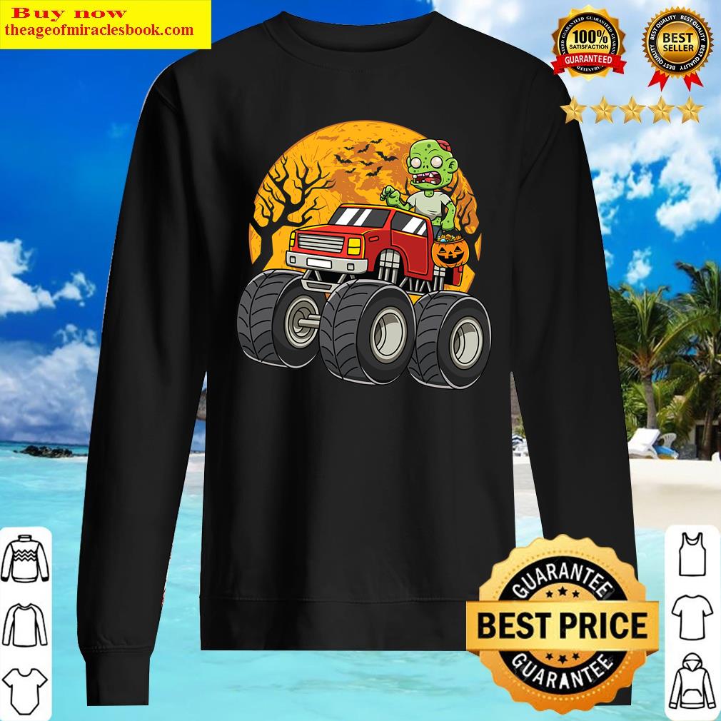 Zombie Riding Monster Truck Pumpkin Halloween For Boys Kids Shirt Sweater