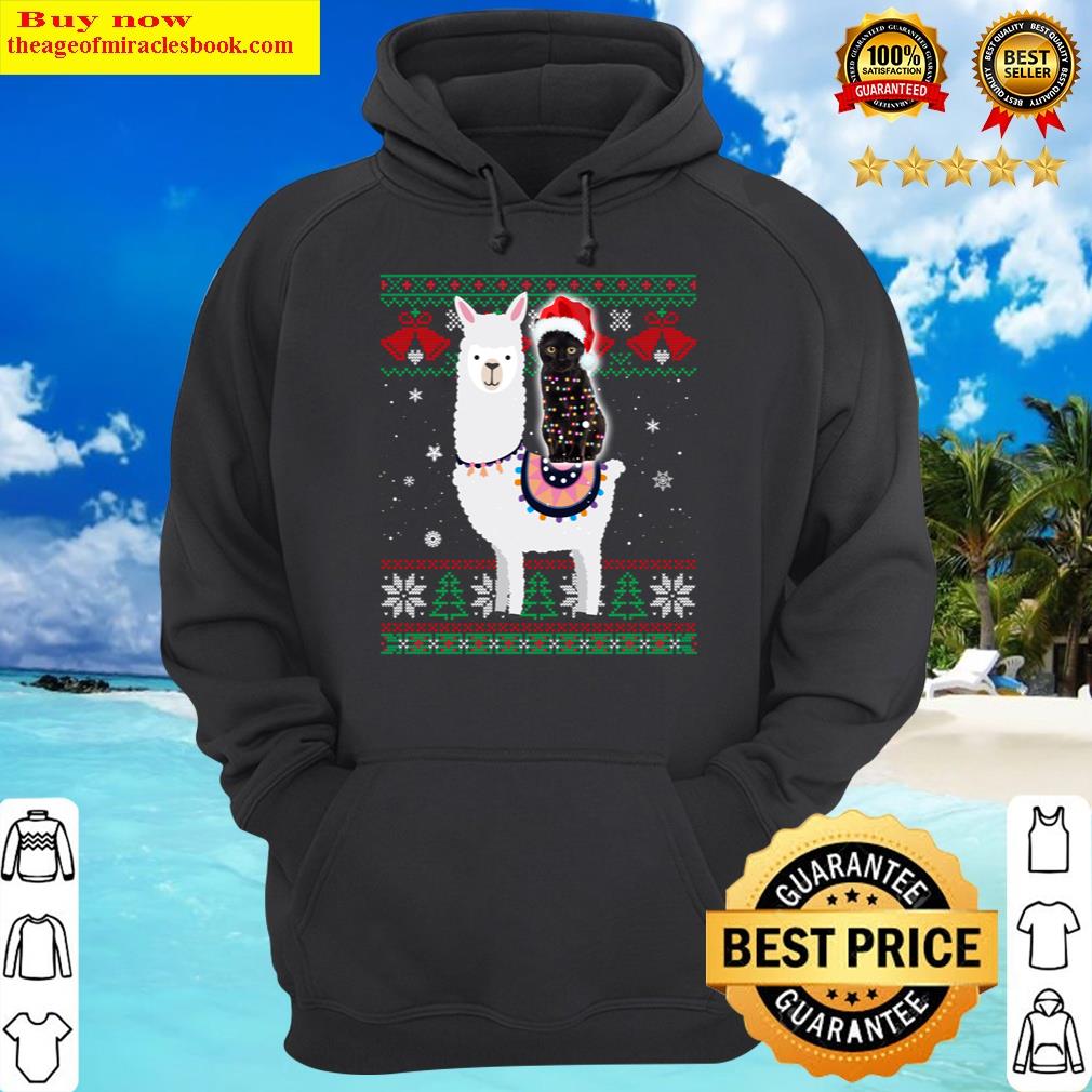 black cat riding llama christmas light and santa hat long sleeve hoodie