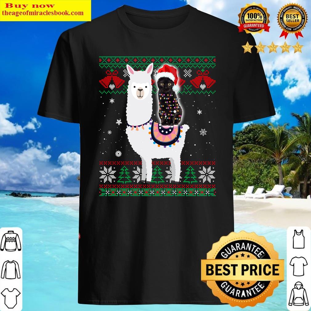 Black Cat Riding Llama Christmas Light And Santa Hat Long Sleeve Shirt