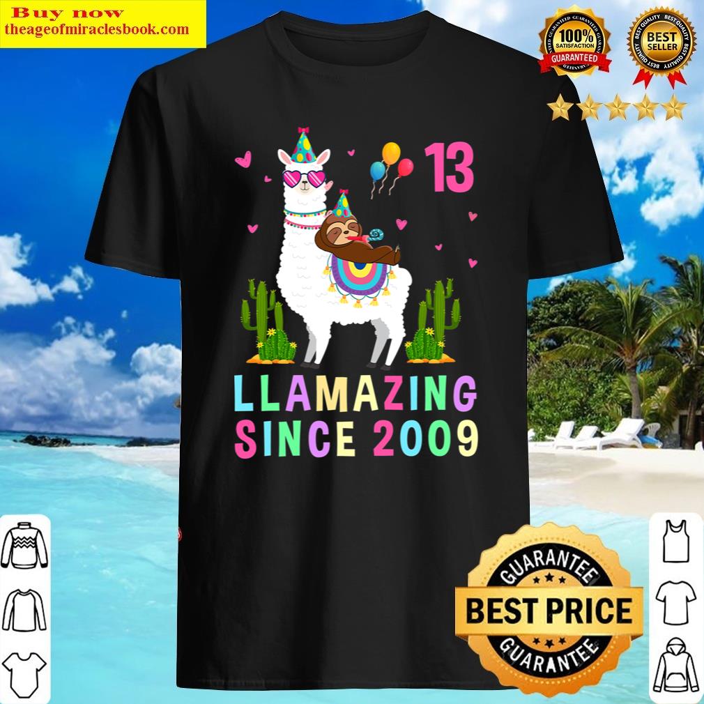 13 years old 13th birthday sloth riding llama girls kids shirt