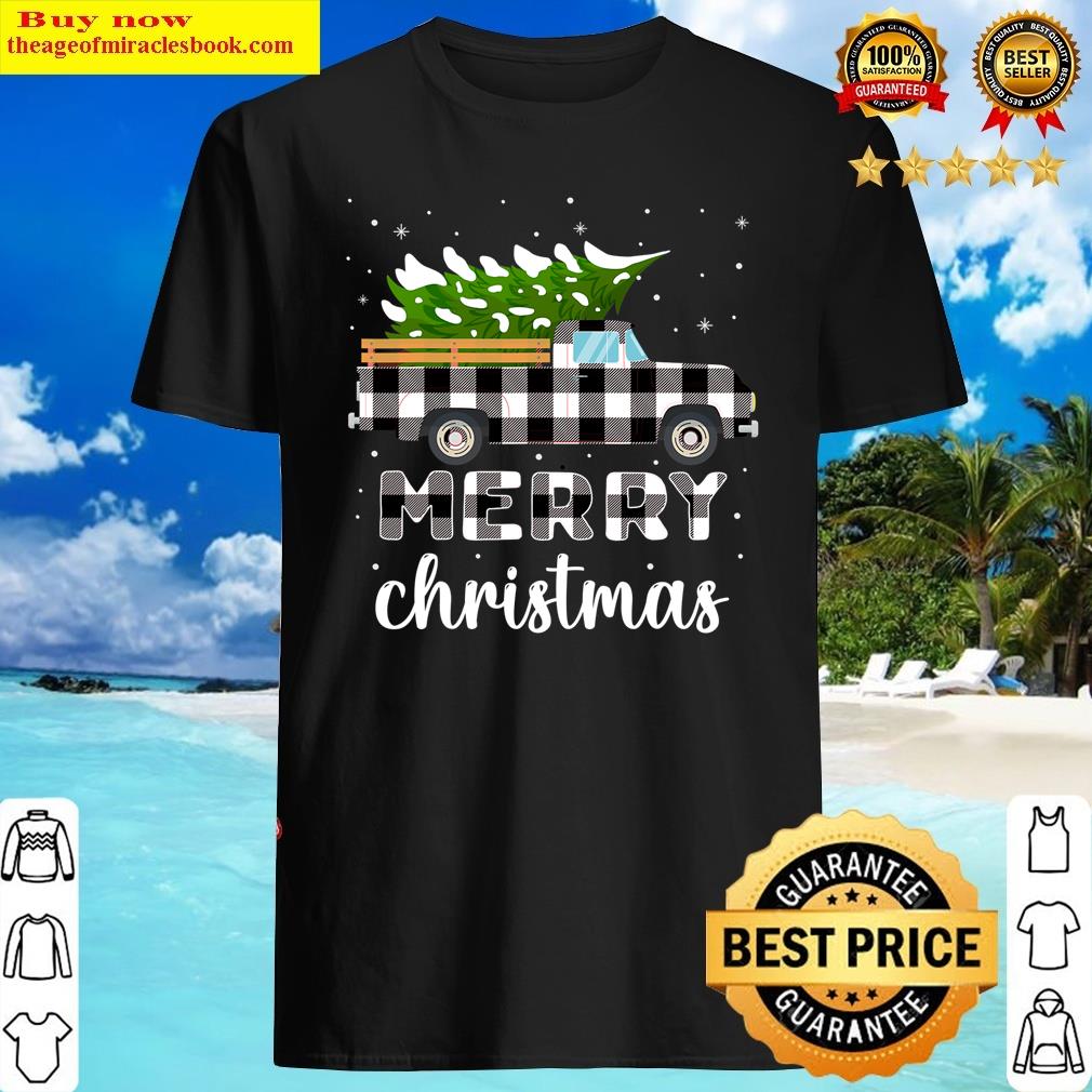 Merry Christmas White Buffalo Plaid Truck Tree Mens Womens Shirt