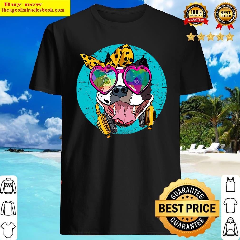 Pitbull Dog Color Vintage Glass Leopard Bow Headphones T-shirt Shirt