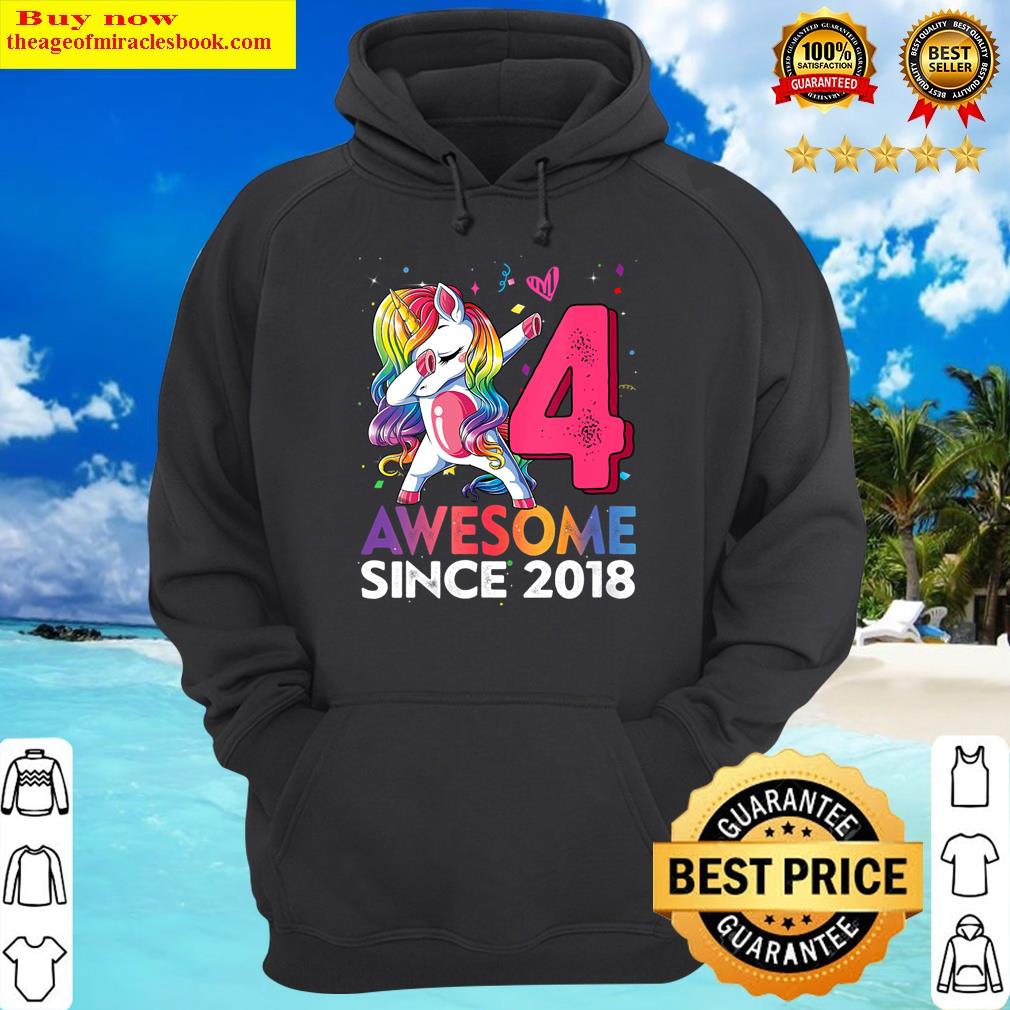 womens 4 year old girls dabbing unicorn awesome since 2018 birthday v neck hoodie