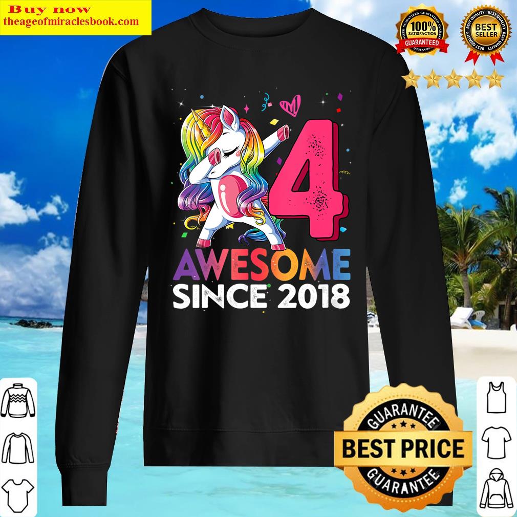 Womens 4 Year Old Girls Dabbing Unicorn Awesome Since 2018 Birthday V-neck Shirt Sweater