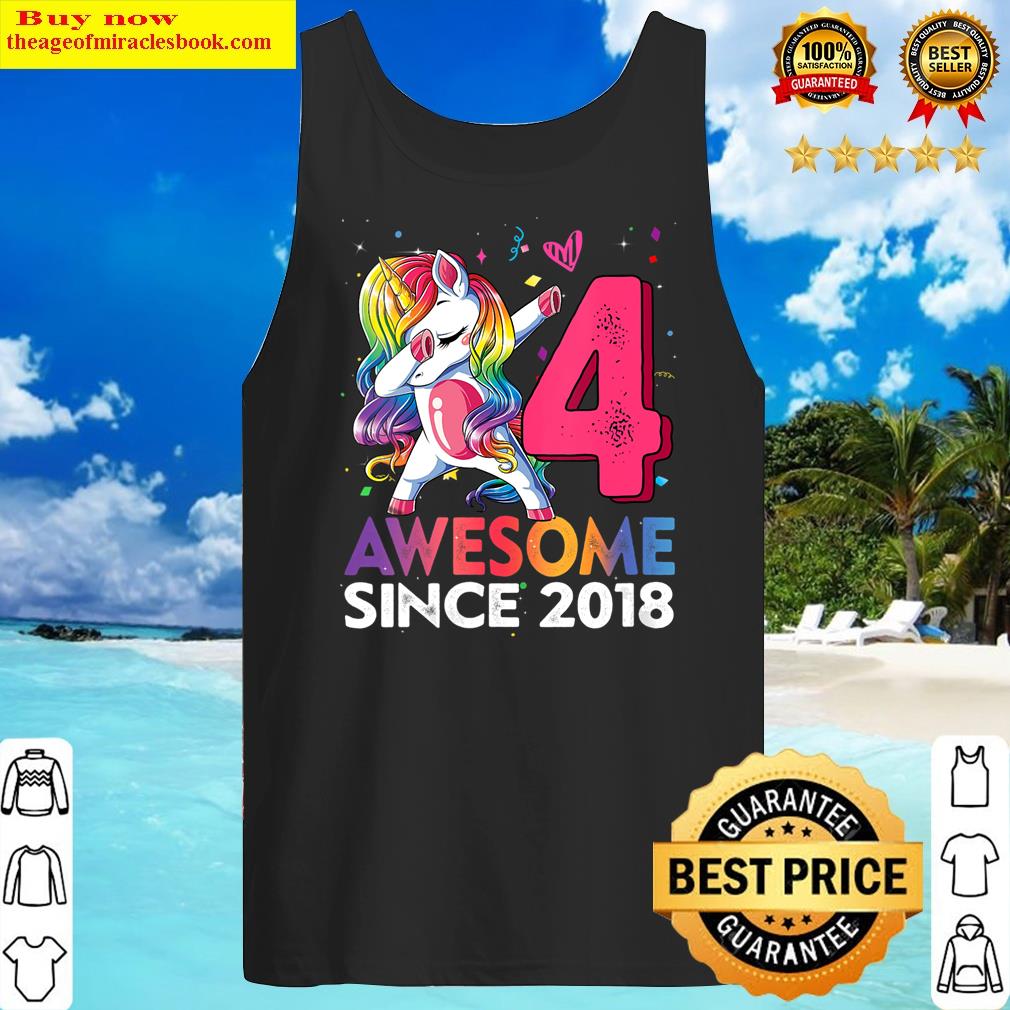 womens 4 year old girls dabbing unicorn awesome since 2018 birthday v neck tank top