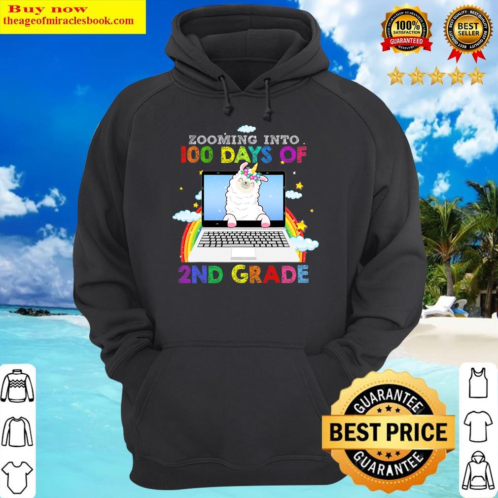 zooming into 100 days of 2nd grade cute llama 100th hoodie