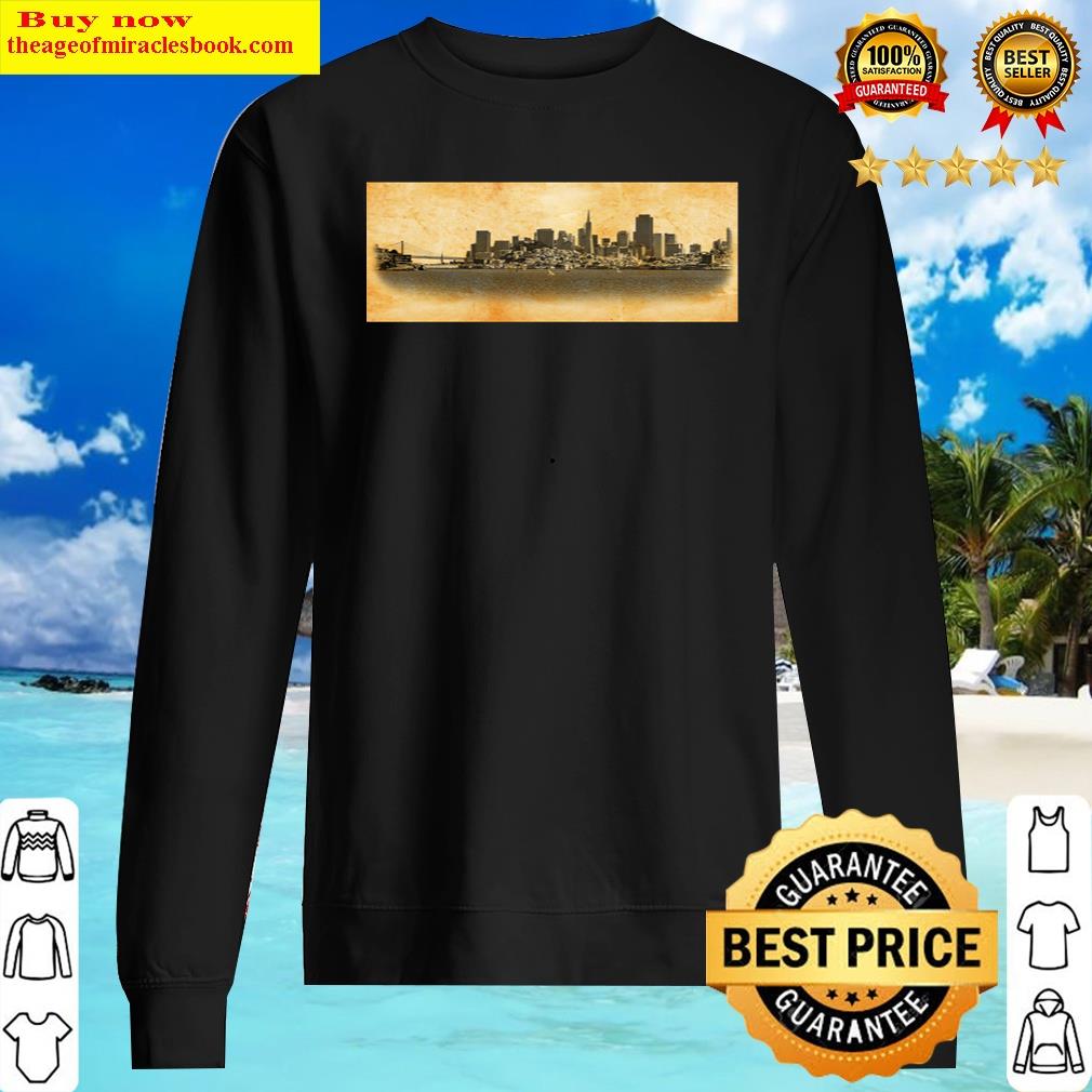 downtown san francisco skyline and the golden gate bridge blended on old paper sweater