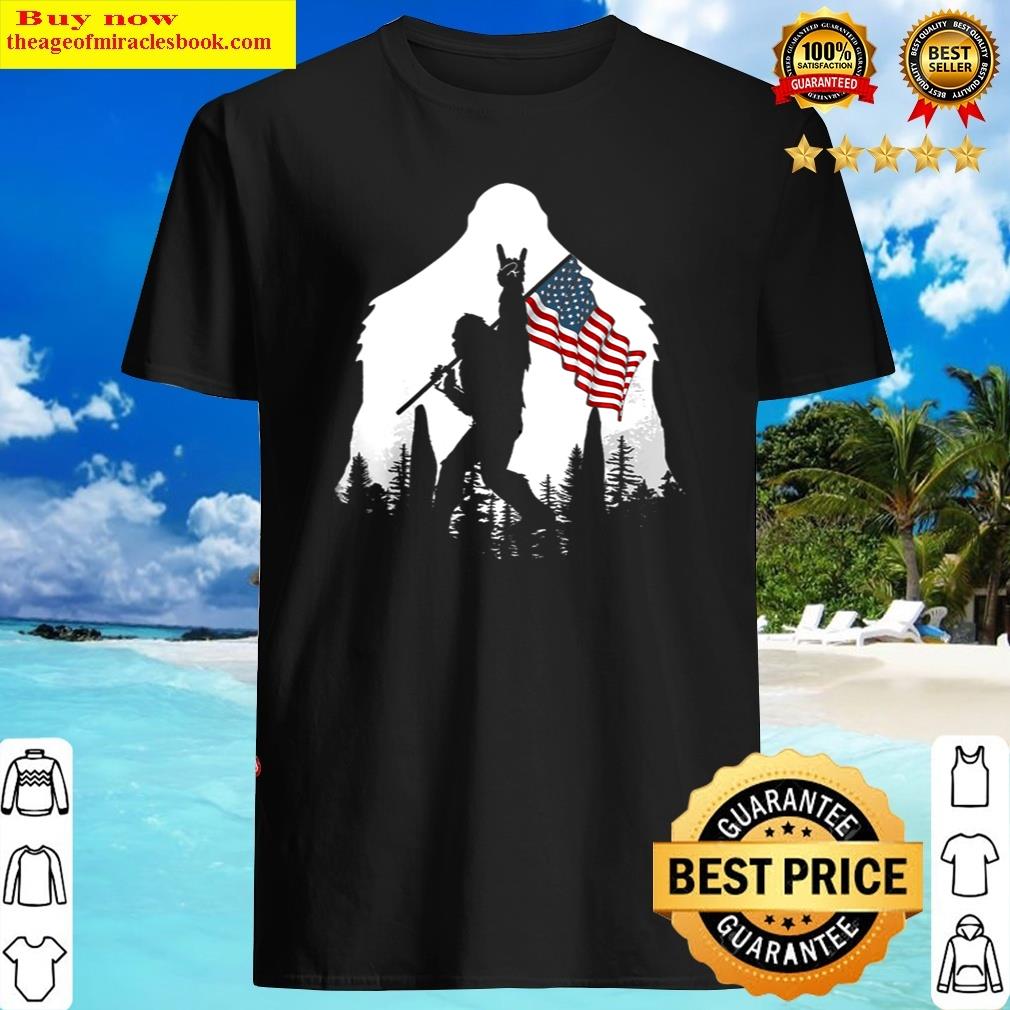 Funny Bigfoot Rock And Roll Usa Flag In The Forest Shirt