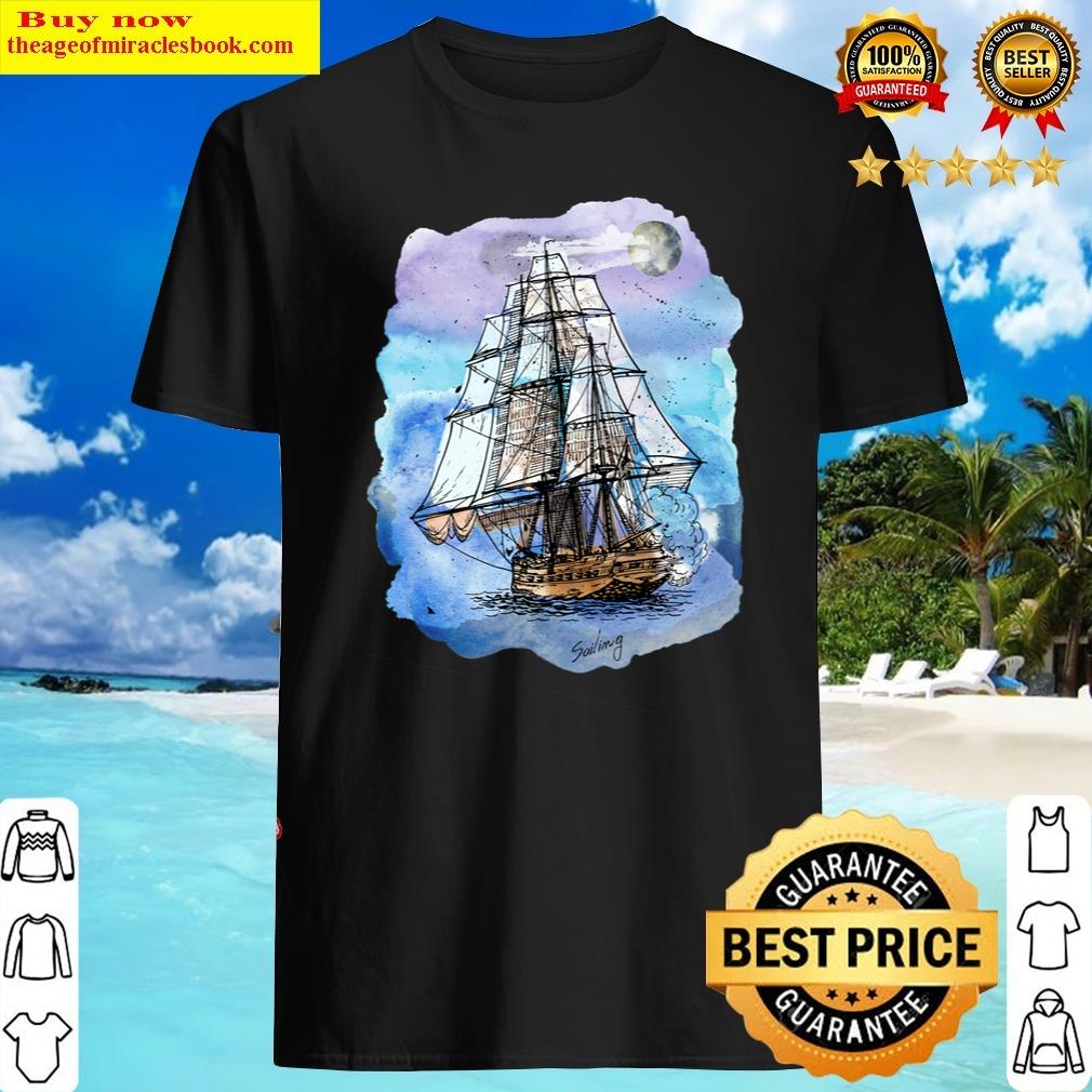 Ship Sailing In Ocean Under Blue Moon Illustration Drawing Freestyle Watercolor Art Shirt