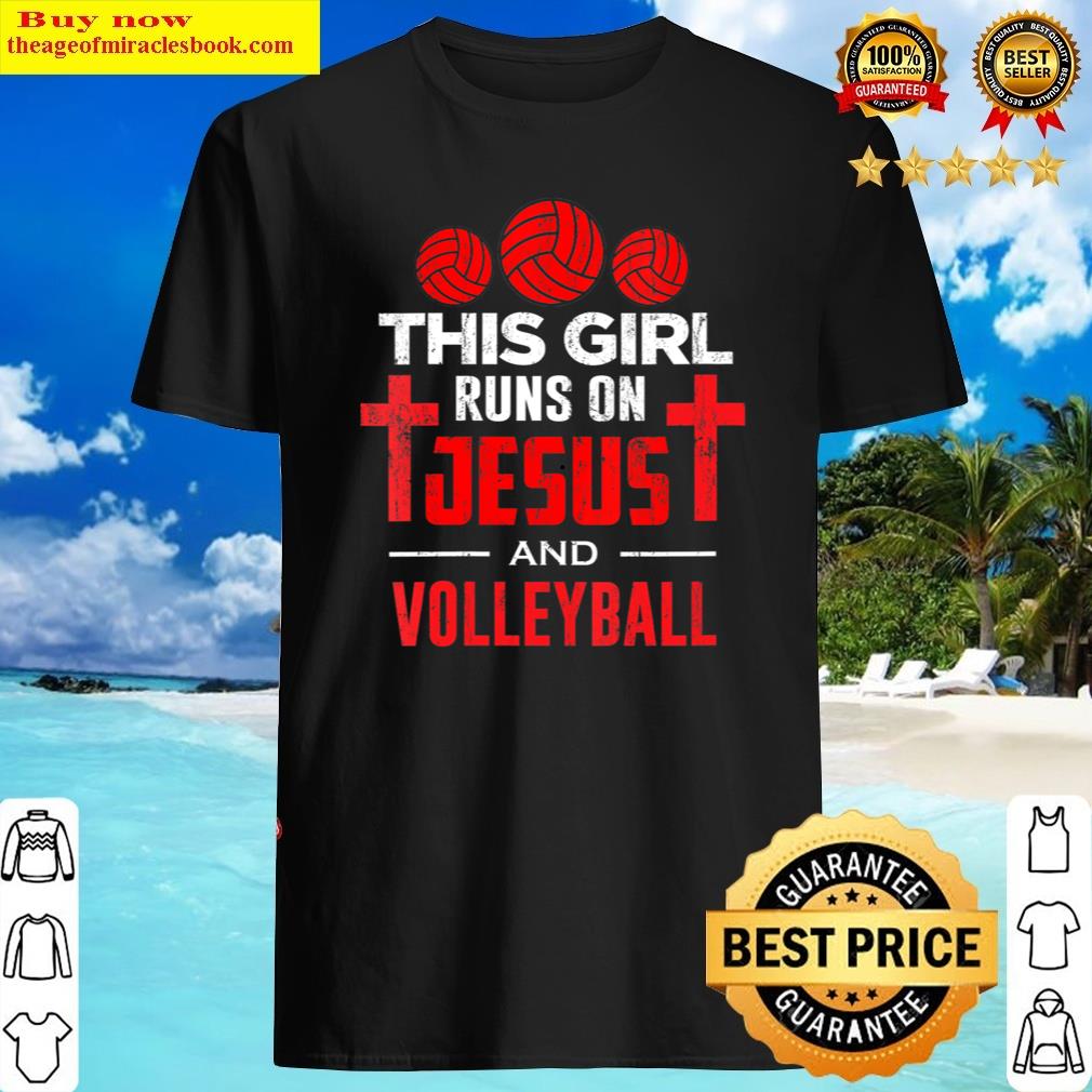Womens This Girl Runs On Jesus And Volleyball – Christian Red Shirt
