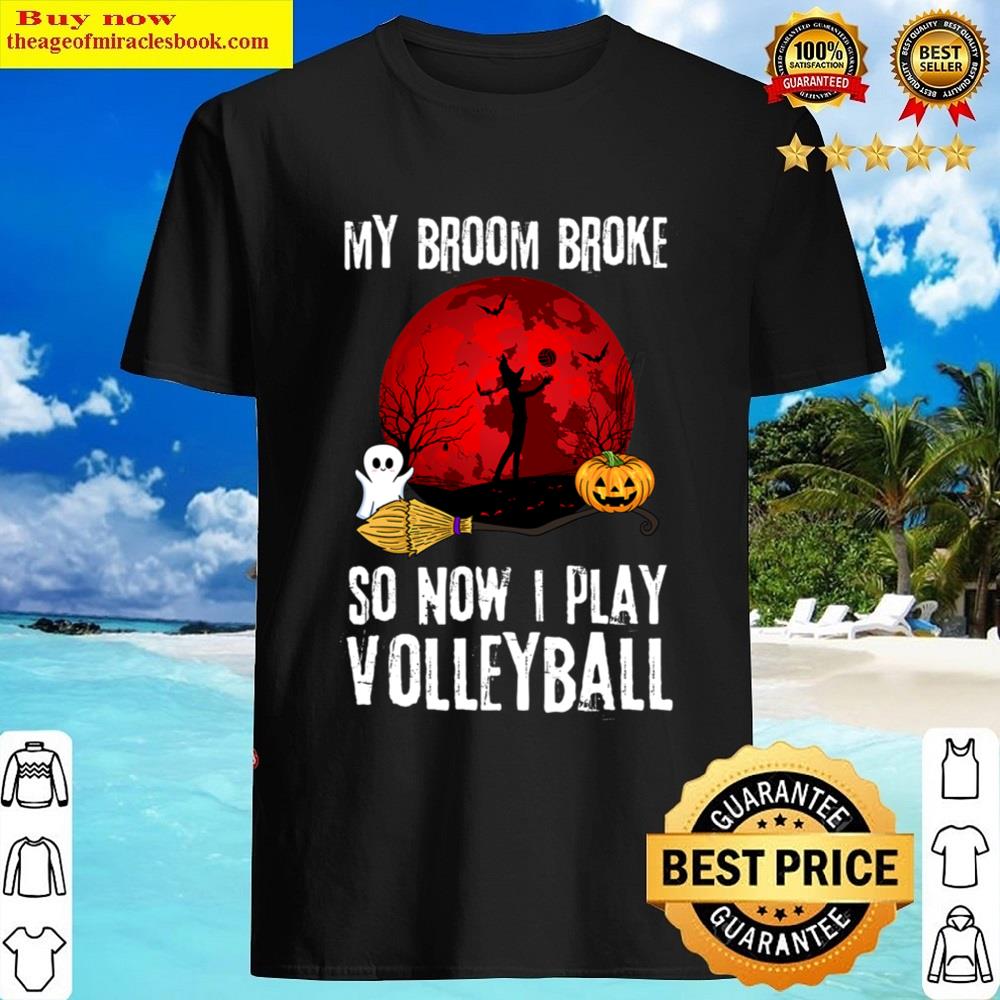 Black Halloween Witch Playing Volleyball Game Sport Broomstick Shirt