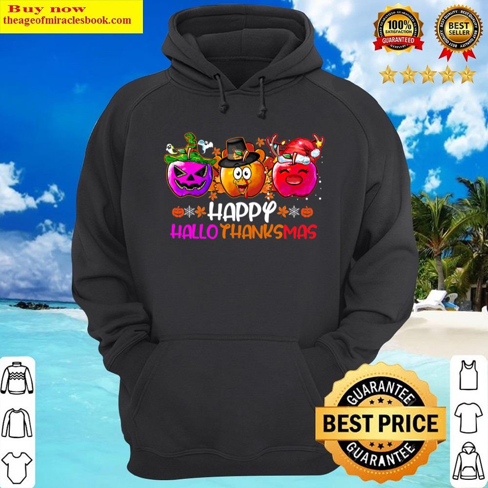 Black Happy Hallothanksmas Apple Turkey Teacher Life Halloween Shirt Hoodie