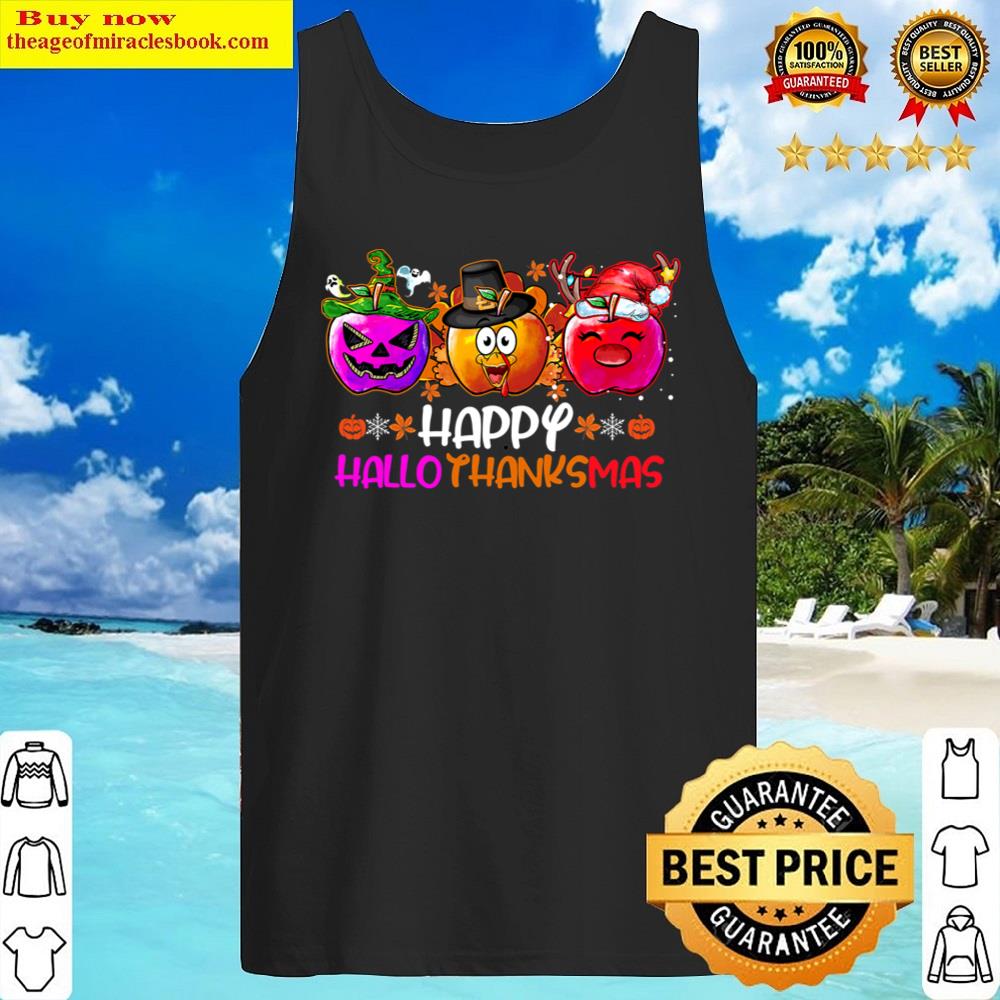 Black Happy Hallothanksmas Apple Turkey Teacher Life Halloween Shirt Tank Top
