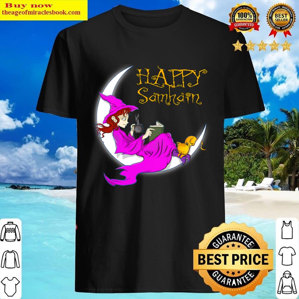 Black Happy Samhain Purple Witch Books Coffee Cats Moon Halloween Shirt Shirt