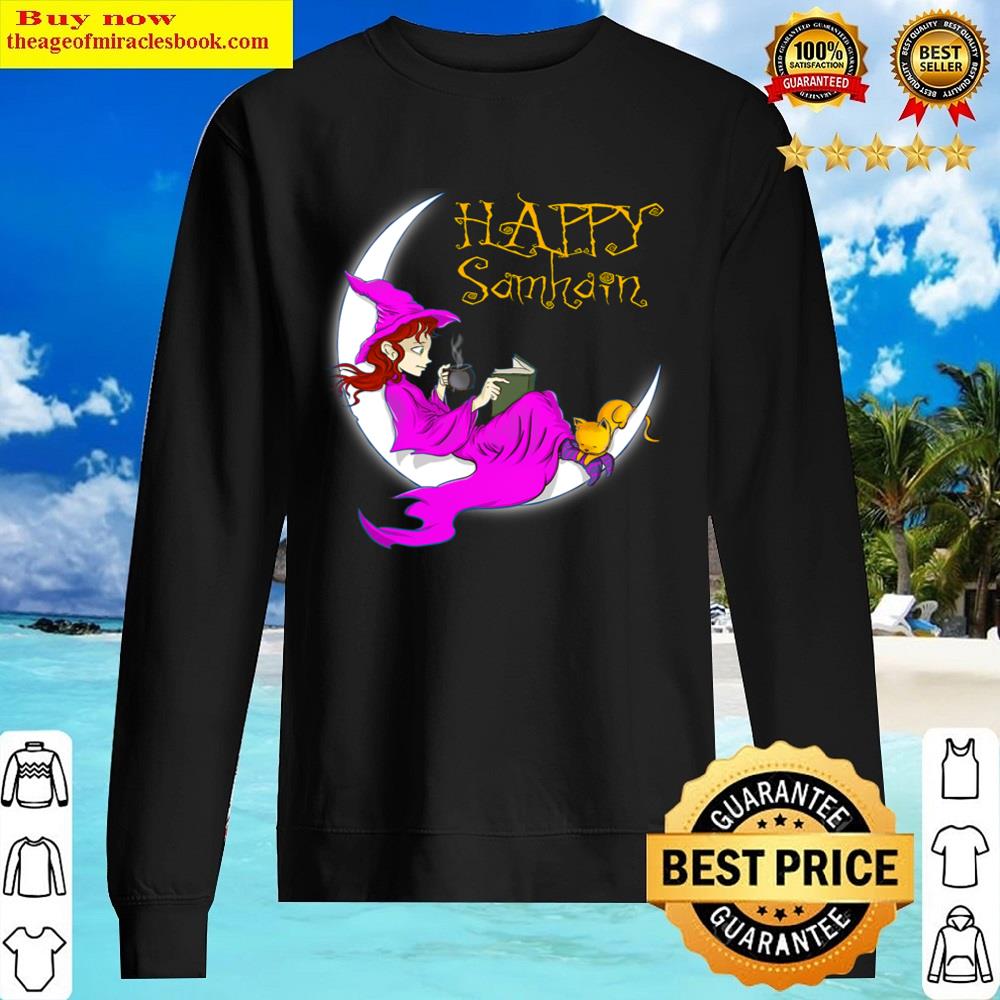 Black Happy Samhain Purple Witch Books Coffee Cats Moon Halloween Shirt Sweater