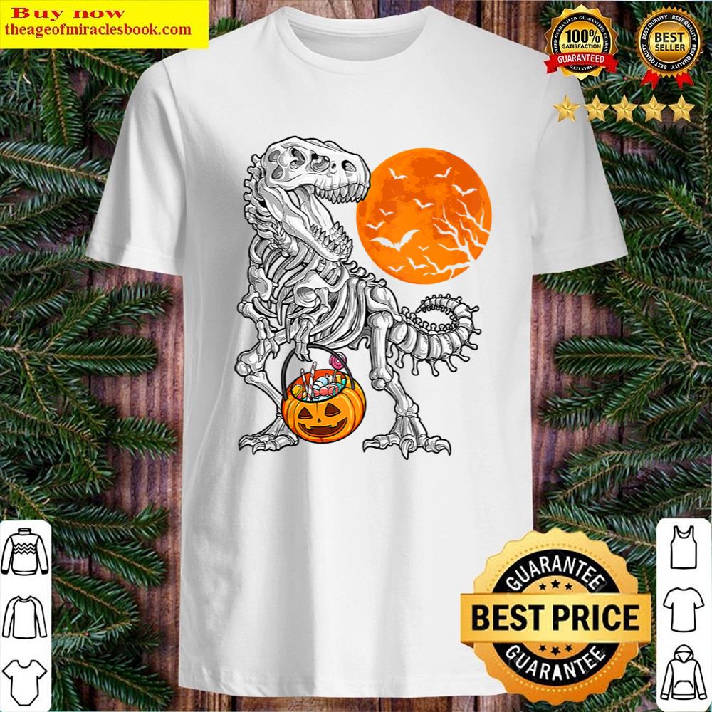 Halloween Boys Dinosaur Skeleton T Rex Scary Pumpkin Moon Shirt