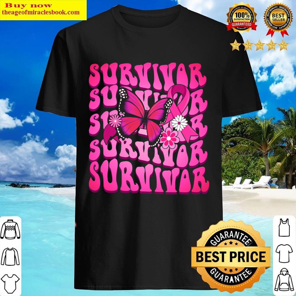 Retro Pink Butterfly Ribbon Survivor Breast Cancer Awareness Shirt