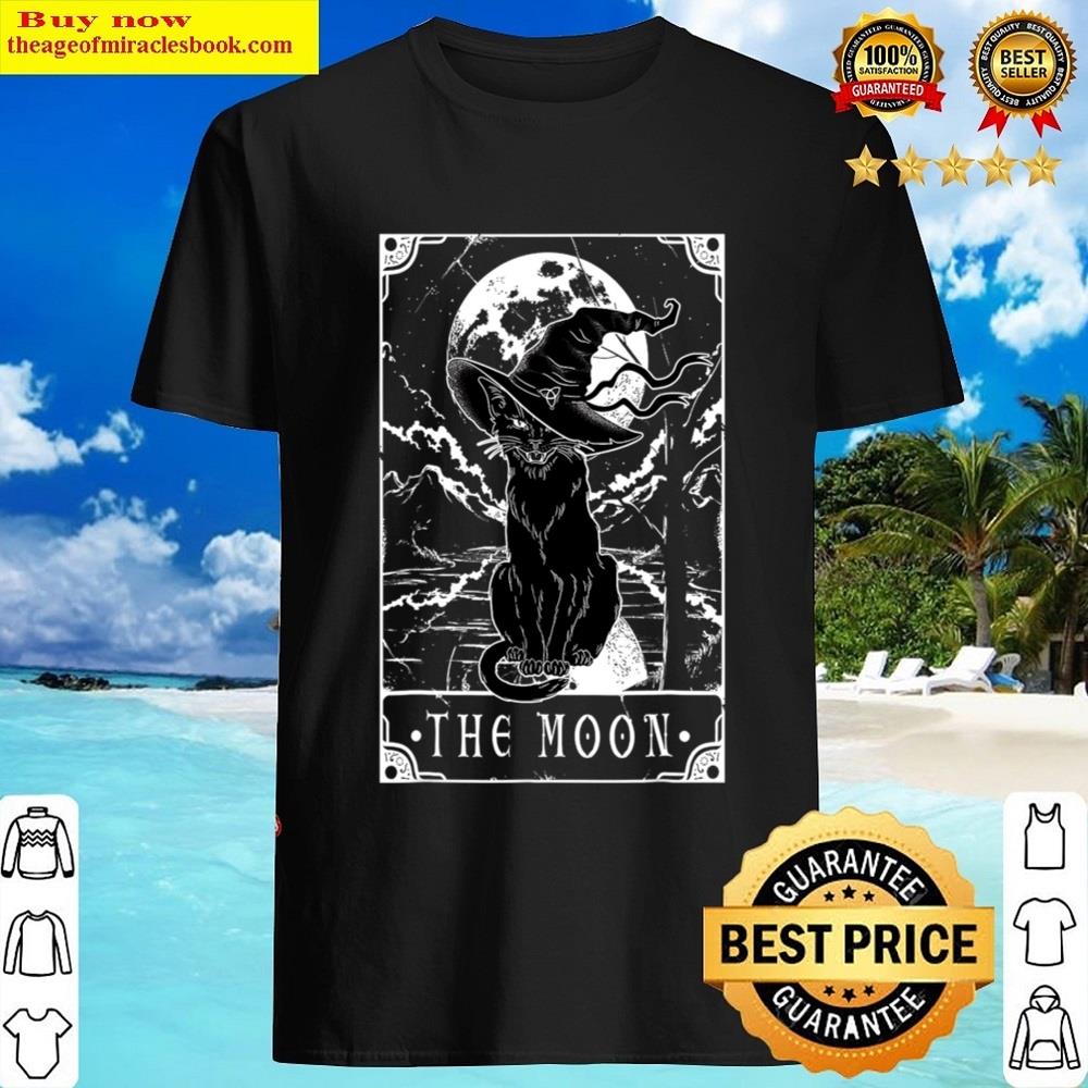 Tarot Card Crescent Moon And Black Cat Witch Hat Halloween Shirt
