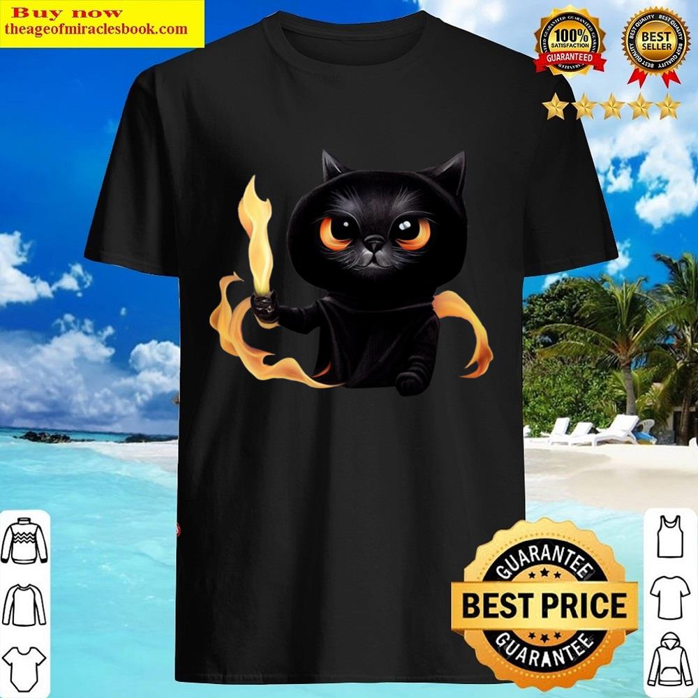 Black Cute Cat Wizard With Power Of Fire For Animal Lovers Shirt