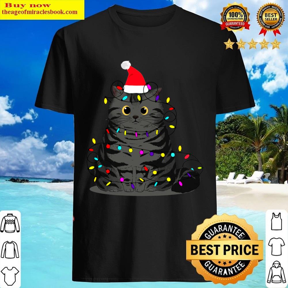 Funny Christmas Cat With Fairy Lights And A Christmas Hat Shirt Shirt