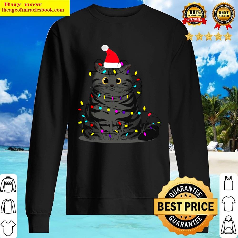 Funny Christmas Cat With Fairy Lights And A Christmas Hat Shirt Sweater