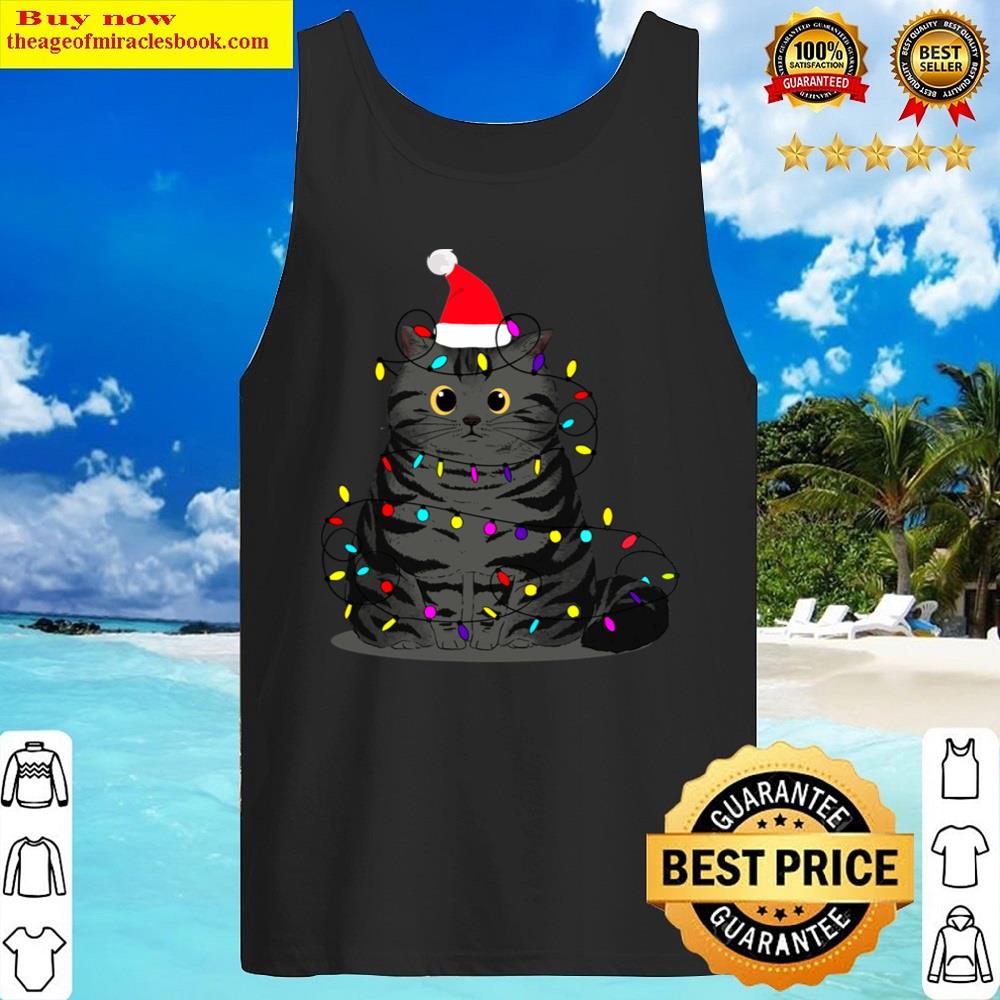 Funny Christmas Cat With Fairy Lights And A Christmas Hat Shirt Tank Top
