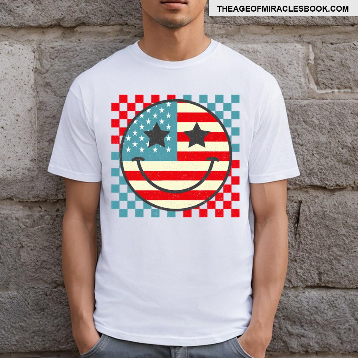 Retro Groovy Fourth 4th Of July Smile Checkered Girls T-shirt